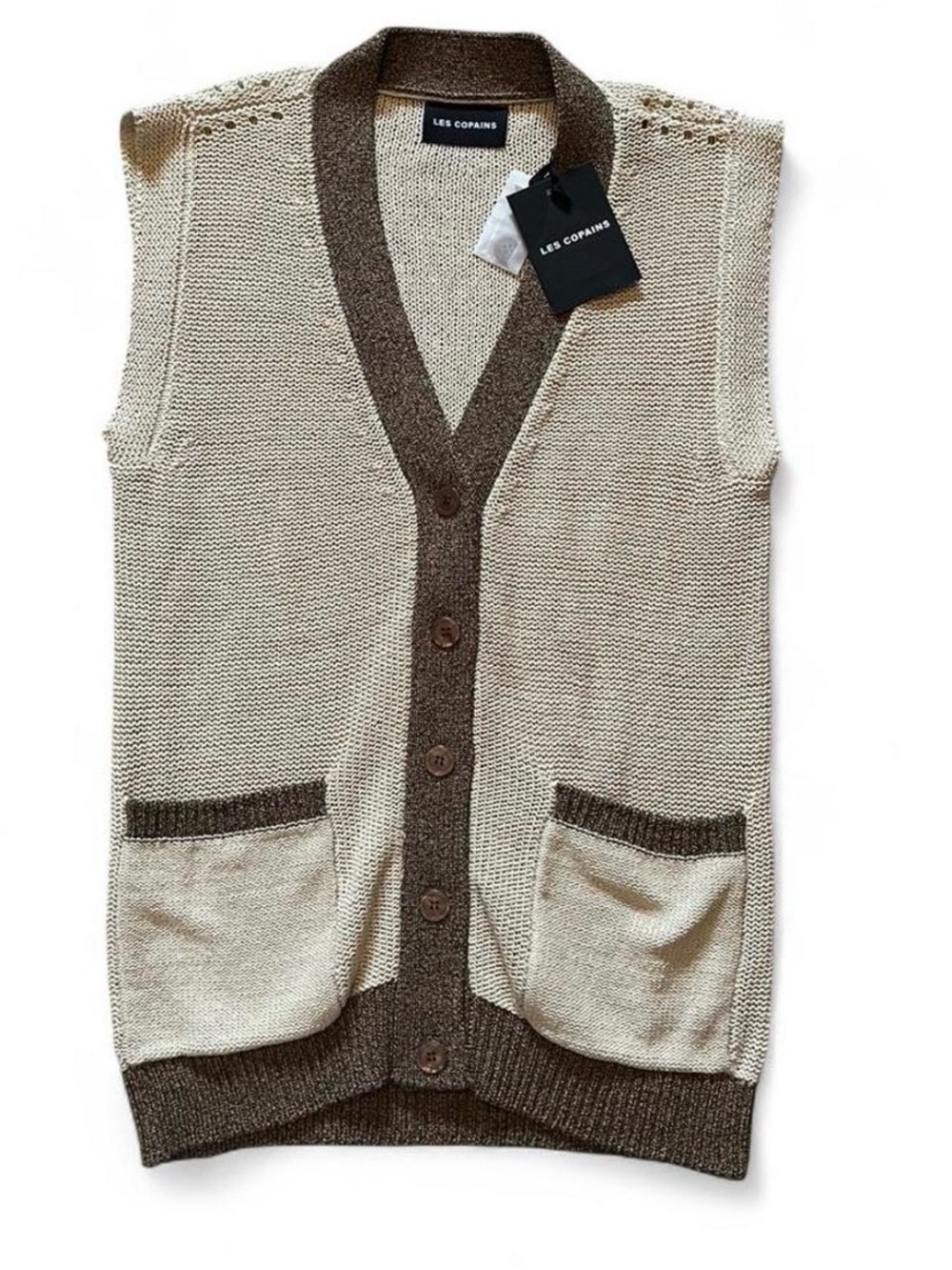 NWT Les Copains Size M Knit Sweater Vest Beige Brown Button Front Pockets